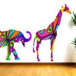 Kids Wall Decals Colorful Elephant And Giraffe..