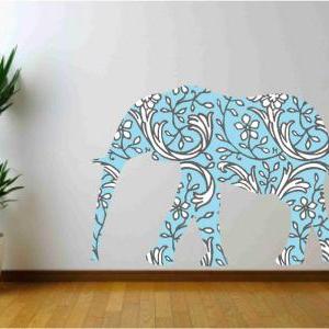 Nursery Decor Blue Floral Elephant Fabric Wall..
