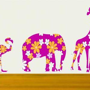 Kids Wall Decals Bright Pink Giraffe Elephant..