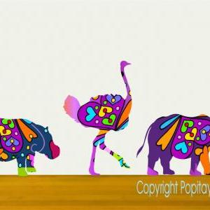 Kids Wall Decor Colorful Rhino Ostrich And Hippo..