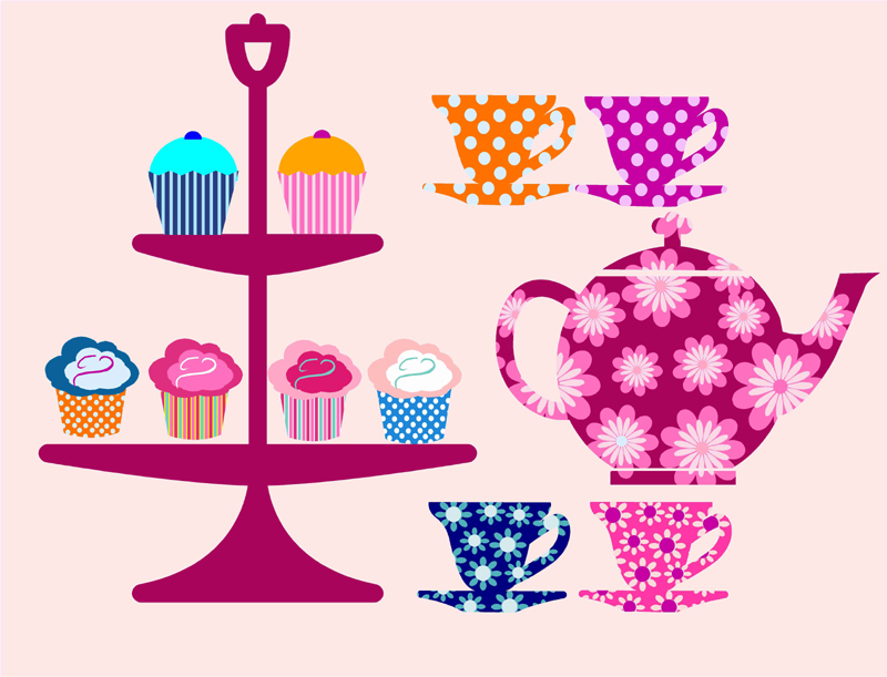 Teapot Teacups And Cupcakes Fabric Wall Decals
