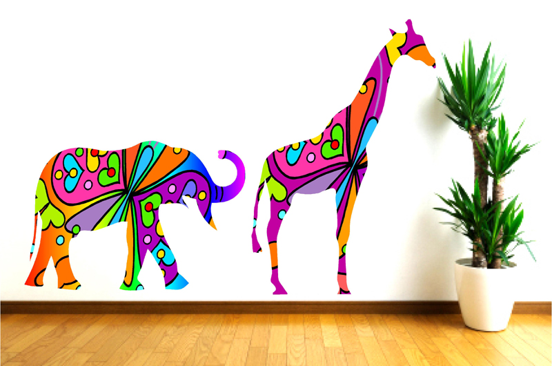 Kids Wall Decals Colorful Elephant And Giraffe Wall Decals