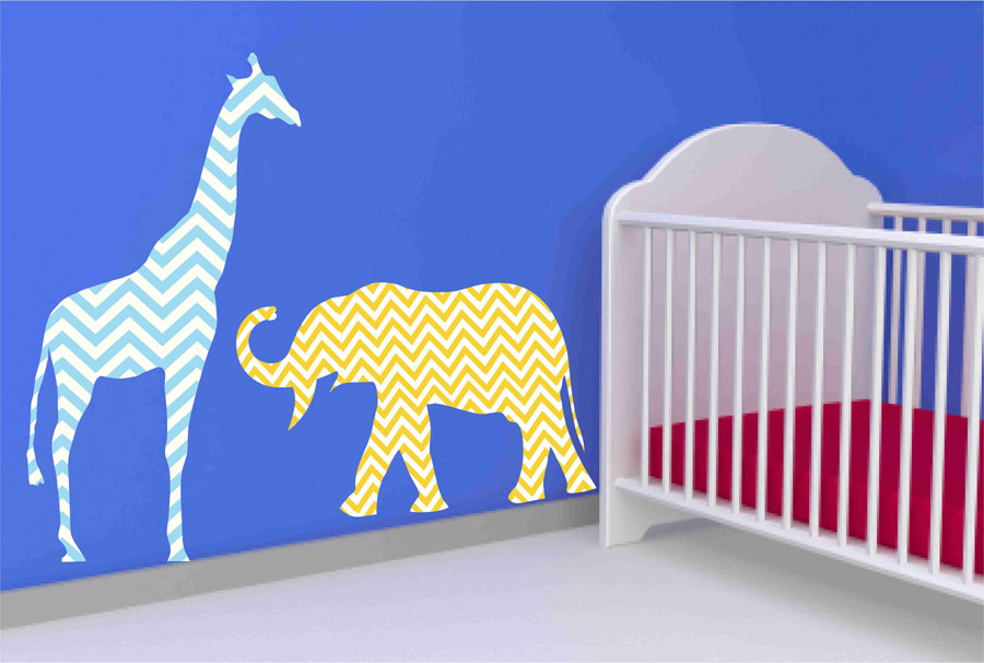 Giraffe And Elephant Fabric Wall Decal Set In Chevron Pattern