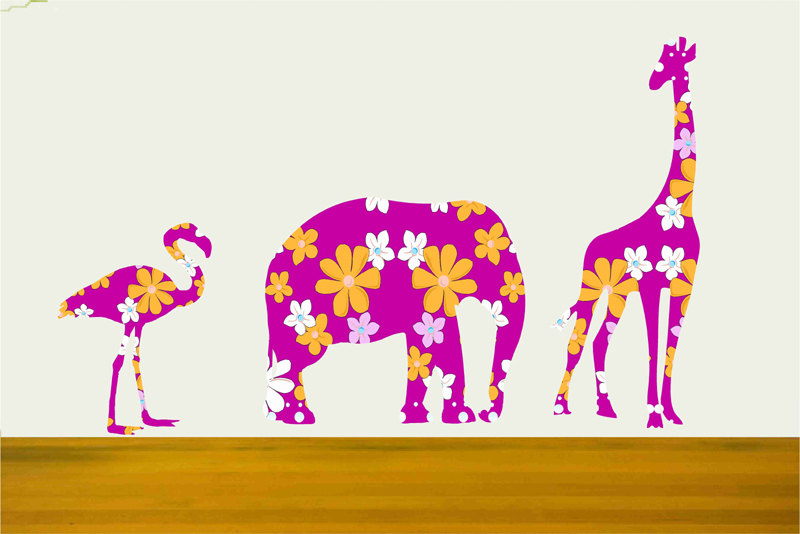 Kids Wall Decals Bright Pink Giraffe Elephant Flamingo Set