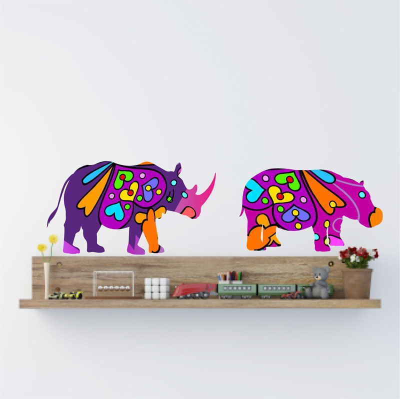 Colorful Hippo and Rhino Fabric Wall Decals