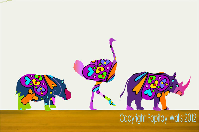 Kids Wall Decor Colorful Rhino Ostrich And Hippo Wall Decals